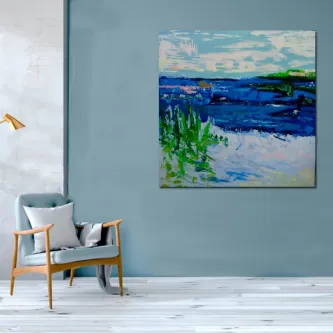 Pintura de paisagem com mar azul, vegetação verde e céu nublado