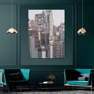 Pintura moderna de cidade com arranha-céus estilizados em tons pastel