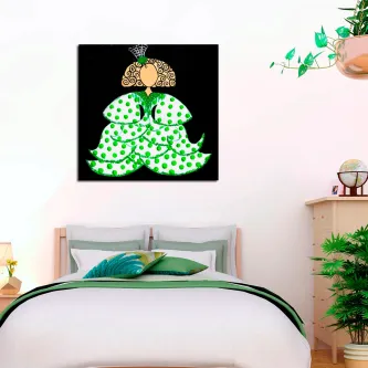 Pintura de menina flamenca com vestido verde de bolinhas sobre fundo preto