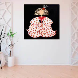 Menina flamenca com vestido vermelho de bolinhas sobre fundo preto