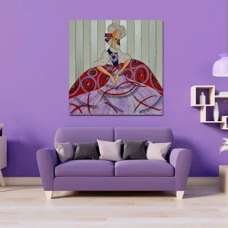 Menina pintando uma saia roxa em pintura estilizada com padrões geométricos