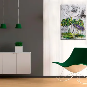 Quadro de bailarina estilizada com tons verdes e cinzentos numa sala moderna