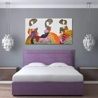 Pintura Três Meninas Especiais com vestidos coloridos e chapéus sobre cabeceira