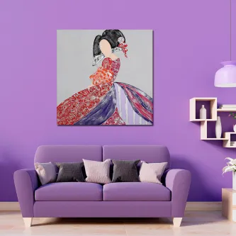 Pintura de menina sem rosto em vestido vermelho e roxo, moldura prateada