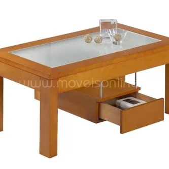 Mesa de centro elevatória em madeira com tampo de vidro e gaveta aberta