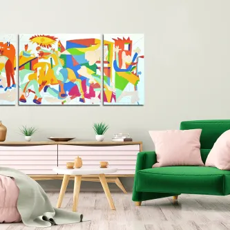 Guernica Pop Triptych Painting, a obra de Pablo Picasso, é um testemunho da força emotiva da arte e da importância da comunicação visual. Reúne três telas que, juntas, retratam a destruição e o impact