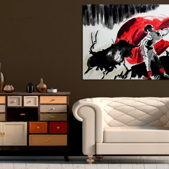 Quadro Bulls com touro negro e toureiro em contraste vermelho sobre parede castanha
