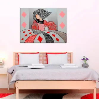 Menina sentada a jogar cartas sobre mesa em pintura estilizada com naipes vermelhos