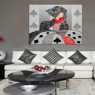 Menina sentada à mesa a jogar cartas, ilustração estilizada com motivos de espadas