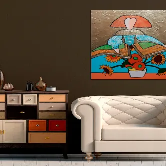 Pintura de menina estilo Van Gogh com chapéu e girassóis sobre sofá