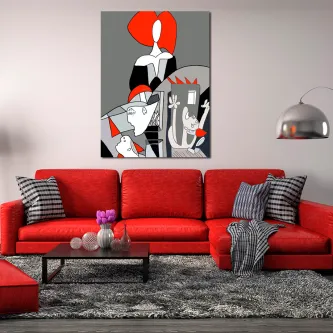 Pintura estilo Picasso com menina e figuras geométricas em vermelho, branco e cinzento