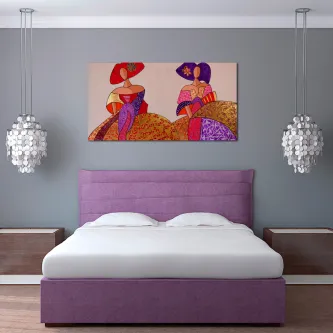 Duas mulheres estilizadas de vestidos e chapéus coloridos numa pintura