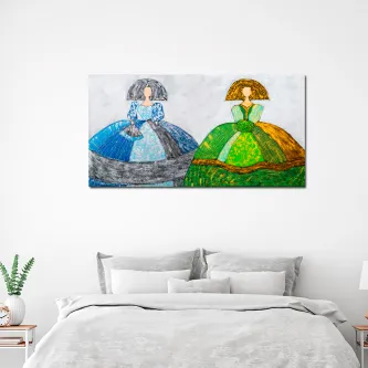 Box Duo Meninas: quadro com duas figuras femininas estilizadas em vestidos azul e verde