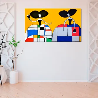 Box Duo Meninas, duas figuras femininas estilizadas com vestidos geométricos e fundo amarelo