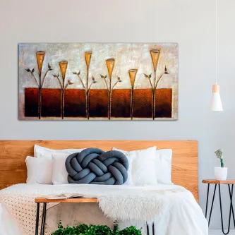 Pintura de bluebell com seis flores estilizadas douradas sobre faixa castanha
