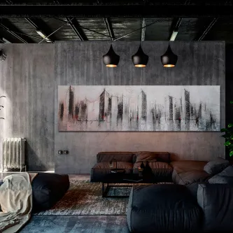 Pintura moderna da cidade com skyline abstrato cinzento pendurada sobre sofá numa sala