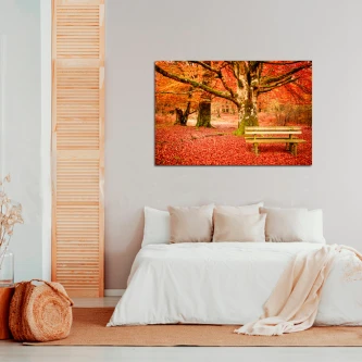Pintura de paisagem de outono com árvore e banco sobre folhas vermelhas