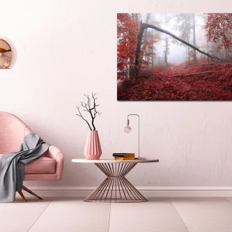 Pintura de paisagem de outono com floresta enevoada e folhas vermelhas