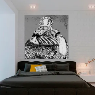 Pintura a preto e branco de menina com vestido histórico