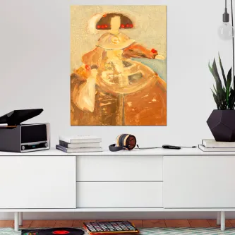 Pintura da menina estilizada em tons ocres pendurada acima de móvel branco