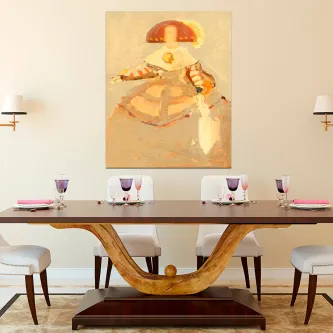 Pintura de menina em vestido clássico pendurada numa sala de jantar