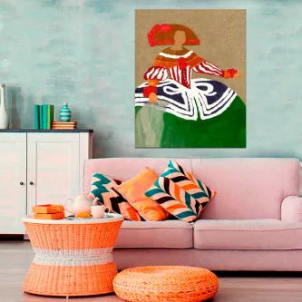 Quadro de menina com saia verde e traço abstrato sobre sofá rosa em sala contemporânea