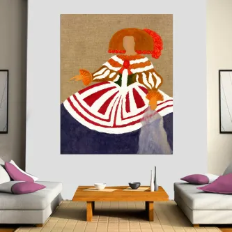 Menina com saia azul e vestido ornamentado em pintura sobre tela