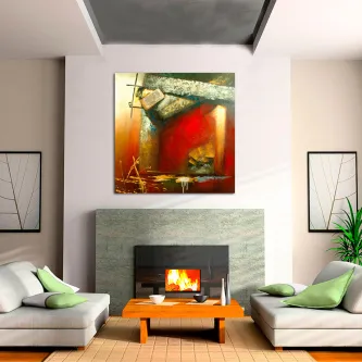 Pintura abstrata com tons vermelhos e verdes sobre lareira numa sala moderna