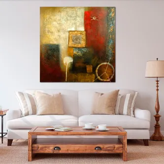 Pintura abstrata em dourados, vermelho e azul com formas geométricas e textura