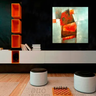 Pintura abstrata vermelha e laranja em sala moderna com estantes e pufes