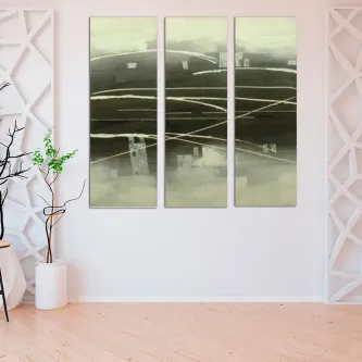 Pintura abstrata tríptico em tons verdes e creme com linhas brancas horizontais