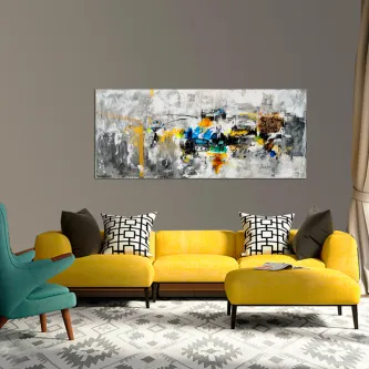 Pintura abstrata vintage horizontal com manchas cinzento, amarelo, azul e castanho.