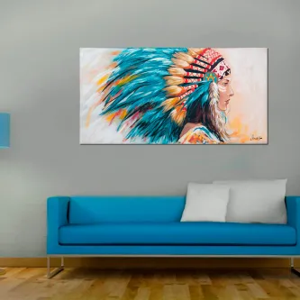 Caixa Sioux, pintura de mulher indígena de perfil com cocar colorido