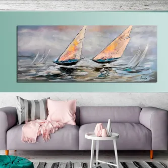 Pintura de barcos à vela em mar ondulado com tons pastel e reflexos