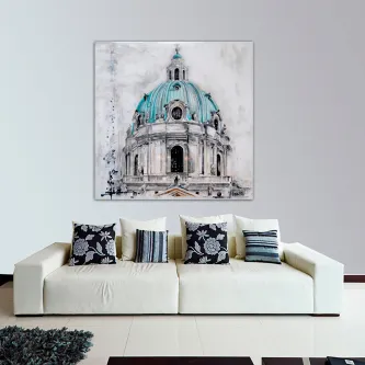 Caixa Dome quadro com cúpula clássica em tons turquesa sobre parede branca