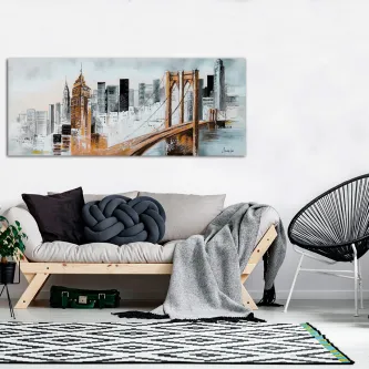 Pintura da cidade de Nova York com ponte, arranha-céus e tons neutros
