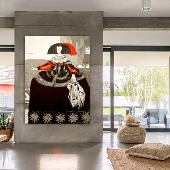 Pintura de menina em vestido castanho com motivos laranja e fundo neutro