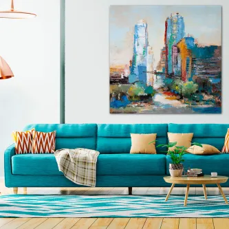 Pintura de paisagem urbana com arranha‑céus coloridos sobre tela moderna