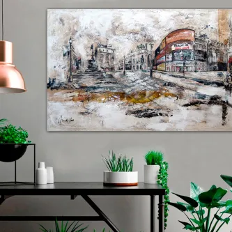 Pintura de Piccadilly Circus com autocarro vermelho e edifícios