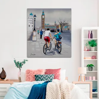 Dois ciclistas a pedalar junto ao Big Ben numa pintura de Londres