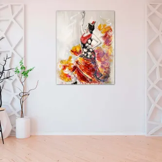 Bailaora em pintura colorida com vestido vermelho e pinceladas amarelas