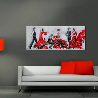 Pintura de grupo de dança com figuras em vestidos vermelhos acima de sofá branco