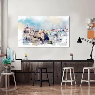 Pintura aquarela do centro de Madrid com edifícios clássicos e cúpulas