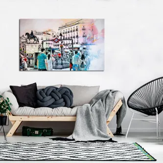 Pintura do metrô de Madrid em estilo colagem com pessoas e edifícios urbanos