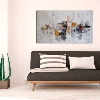 Texturas de pintura abstrata em tons cinzentos com manchas ocres, pretas e vermelhas