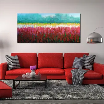 Quadro Campo de Flores Pintando com campo de flores vermelhas e faixas amarelas e verdes