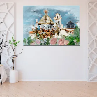 Pintura da Virgem de Lledo com procissão, igreja e flores em destaque
