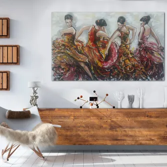 Pintura 'pinturas flamencas' com quatro bailarinas de flamenco em vestidos vermelhos