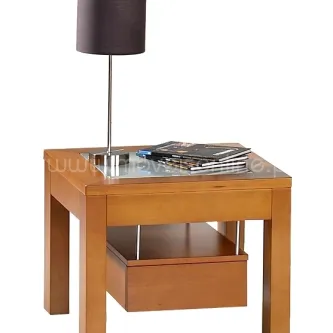 Mesa de apoio circo em madeira com tampo em vidro, candeeiro e revistas