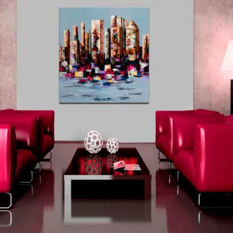 Pintura moderna da cidade com skyline abstrato e barcos coloridos refletidos na água